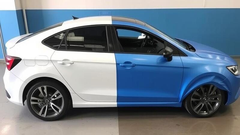 Half car wrapped in blue vinyl vs factory paint