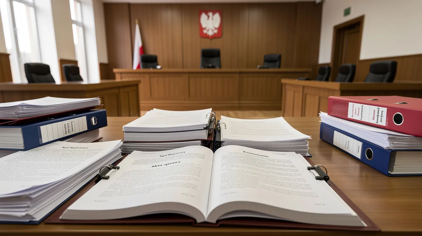 W sali sądowej znajdują się dokumenty prawne dotyczące zgody na wyjazd dziecka za granicę, w tym oświadczenia rodzic&oacute;w oraz wzory zg&oacute;d, kt&oacute;re są niezbędne do ustalenia warunk&oacute;w podr&oacute;ży małoletniego. Atmosfera jest poważna, a na stole leżą akta związane z władzą rodzicielską i dobrem dziecka.