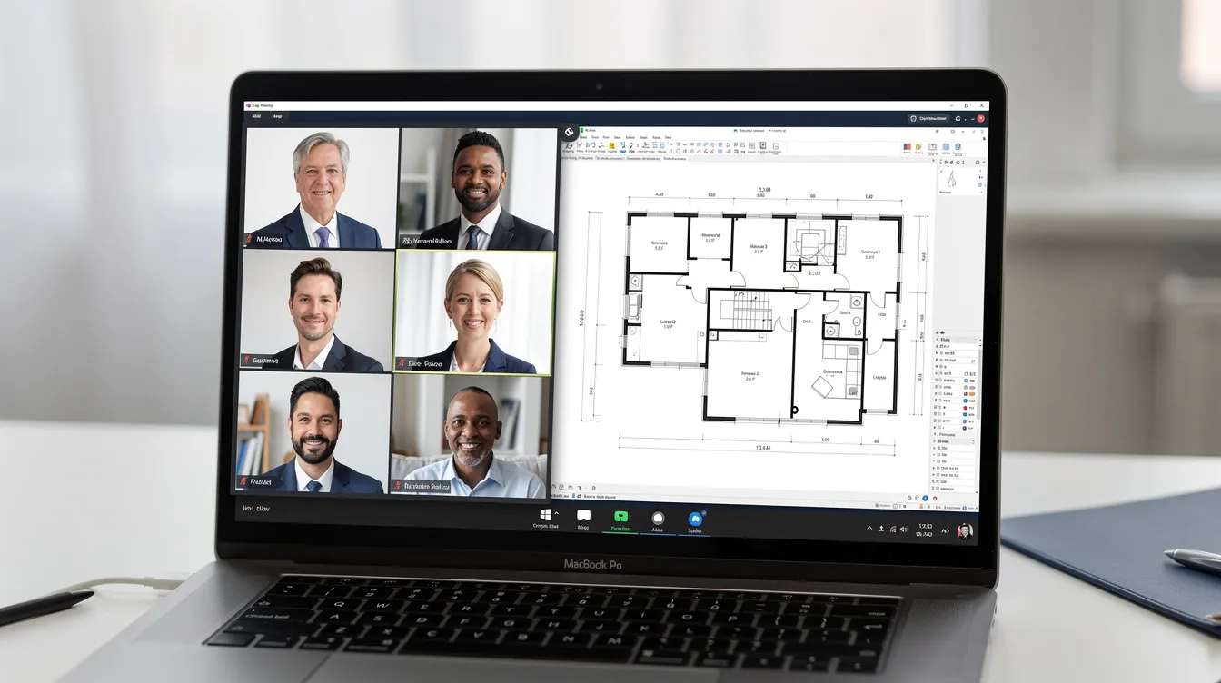 The image depicts a diverse team engaged in a video conference call, with architectural floor plans displayed on a shared screen, highlighting real-time collaboration among skilled professionals. This setting showcases the benefits of nearshore staffing solutions, emphasizing the importance of cultural alignment and time zone synchronization for effective project management.