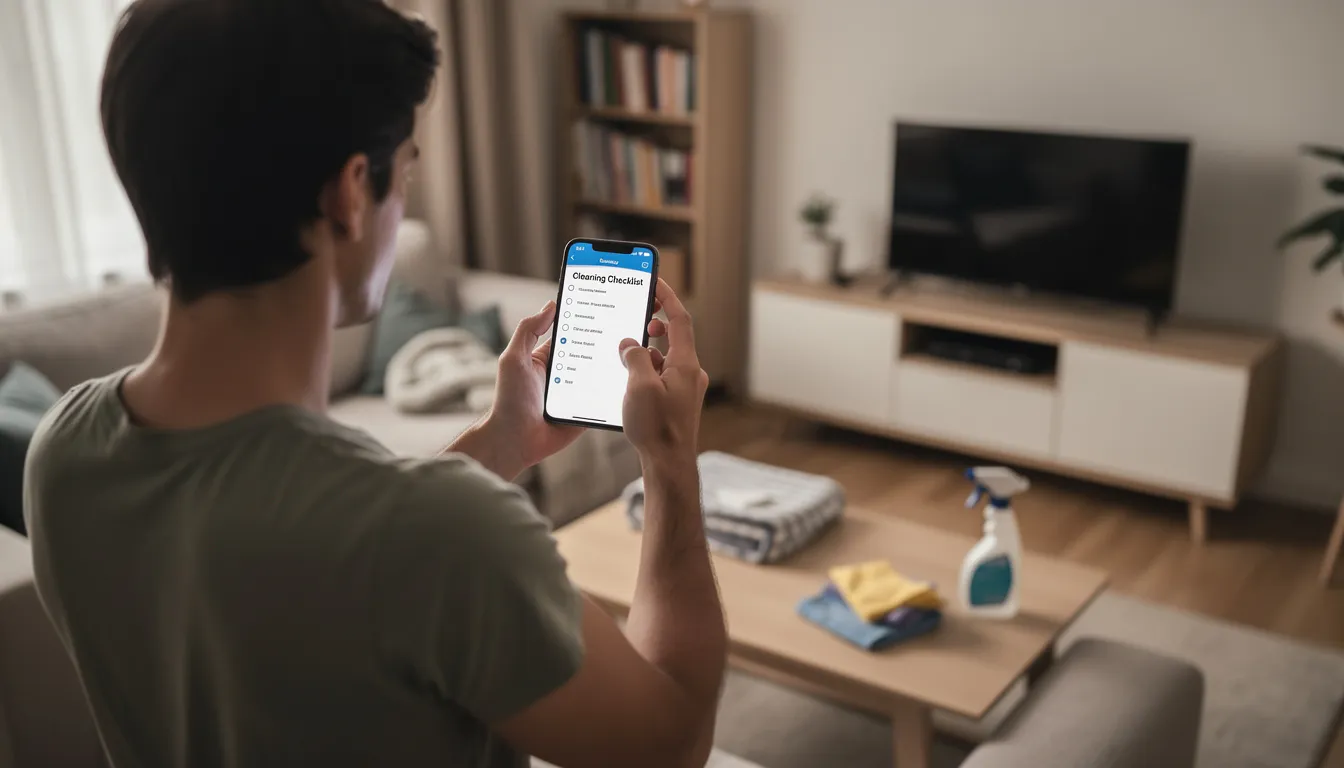 A person is standing in a cozy living room, intently looking at a cleaning checklist on their smartphone, which likely outlines tasks for deep cleaning services. This scene emphasizes the importance of maintaining a pristine living space and highlights the convenience of using professional cleaning services in Abu Dhabi.