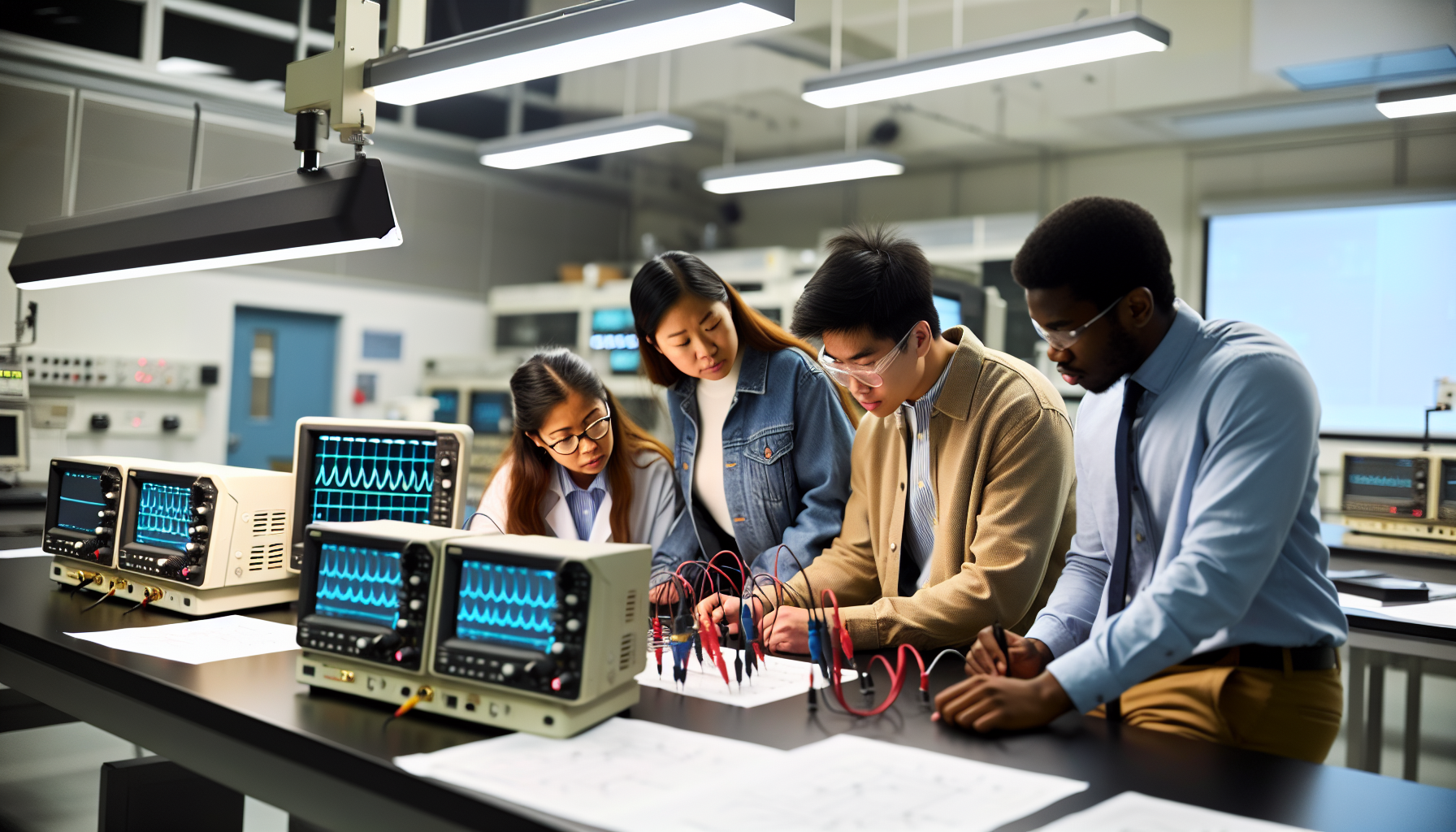 Electrical engineering master's degree students conducting research