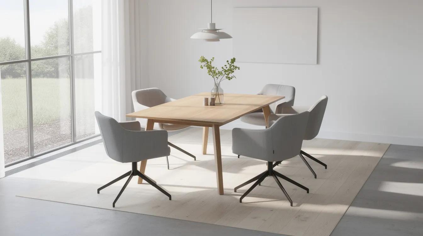 Een moderne eethoek met vier draaibare eetkamerstoelen rondom een houten eettafel in een lichte ruimte, die een stijlvolle toevoeging vormt aan het interieur. De draaibare eetkamerstoelen met armleuning bieden extra comfort en functionaliteit voor gezellige avonden.