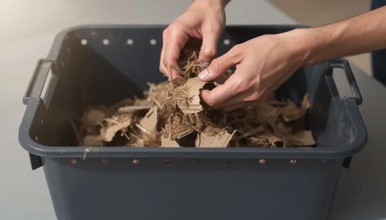 The image shows hands adding damp, shredded cardboard bedding into a dark plastic compost bin, which features small air holes for ventilation. This setup is ideal for indoor composting, helping to manage food scraps and organic waste efficiently. The image shows hands adding damp, shredded cardboard bedding into a dark plastic compost bin, which features small air holes for ventilation. This setup is ideal for indoor composting, helping to manage food scraps and organic waste efficiently.