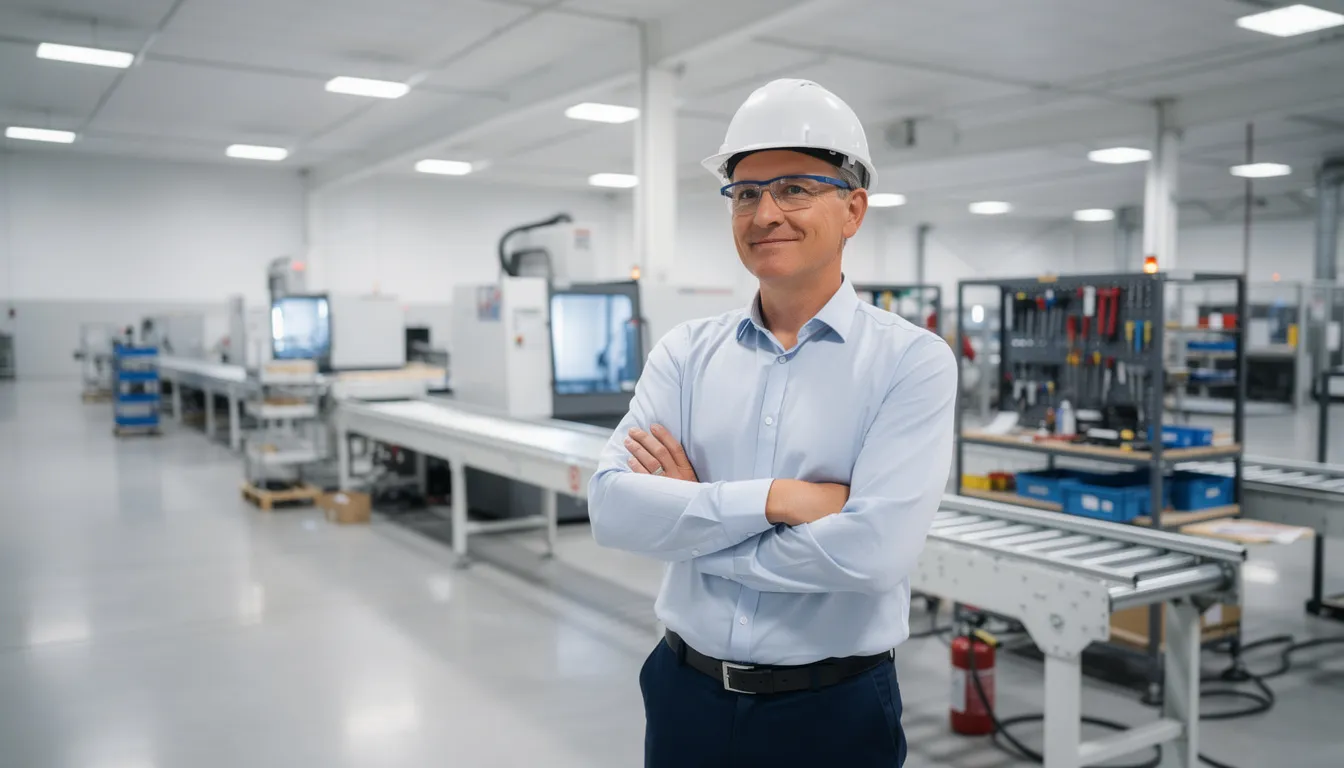 The image depicts a confident small business owner standing amidst a modern manufacturing floor filled with active CNC machines and conveyor systems, showcasing a clean and organized environment that reflects growth and stability. The owner observes the efficient operations, emphasizing a sense of control and long-term success in their business funding journey, with a focus on getting money for equipment financing and operational momentum.
