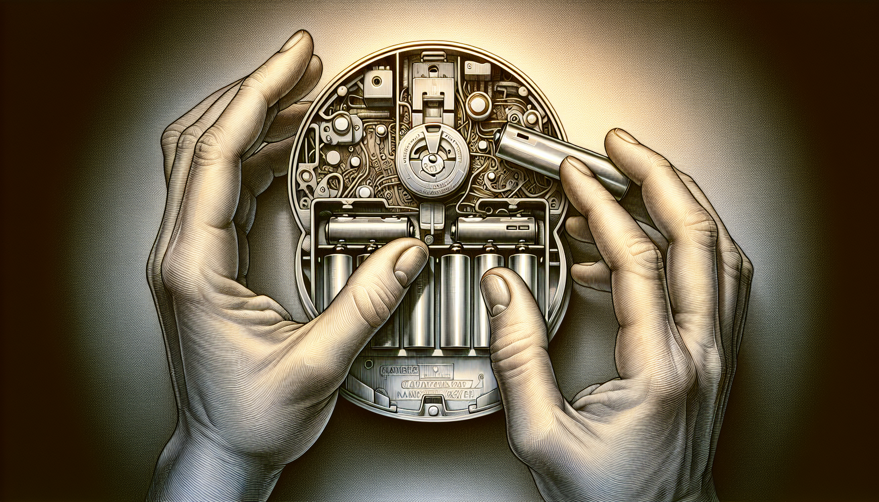 Illustration of hands replacing batteries in a smoke alarm