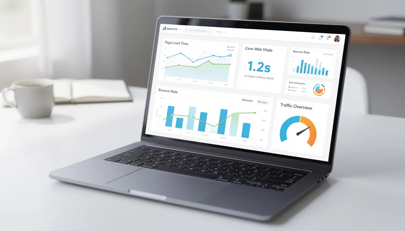The image shows a laptop screen displaying various website performance graphs and loading speed metrics, essential for understanding search engine optimization (SEO). These metrics can help website owners improve their site's performance and enhance their search engine rankings through effective SEO techniques.