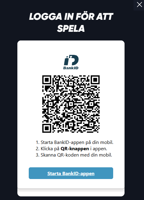 Inloggning på Quick Casino med BankID via QR-kod.