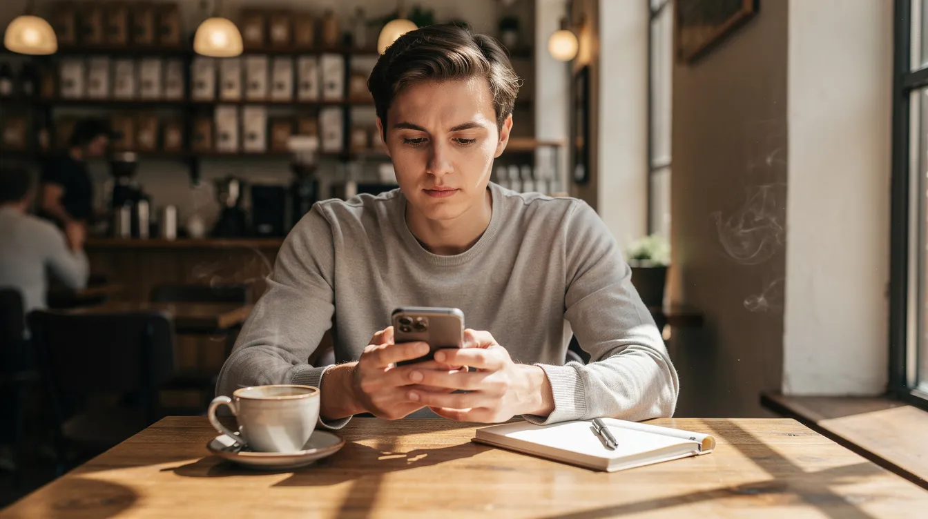 A person in their 30s sits at a coffee shop, gazing thoughtfully at their phone, possibly exploring dating apps or online dating sites to find meaningful connections within their age group. Their expression suggests they are contemplating their dating goals and the potential matches available in the dating pool.