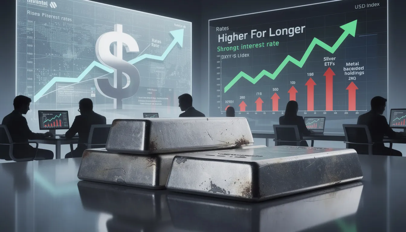 The image depicts a downward trend in silver prices, indicating a silver crash as it enters bear market territory. Factors contributing to this decline include rising interest rates and a strengthening US dollar, which negatively impact the appeal of precious metals for investors and industrial buyers.