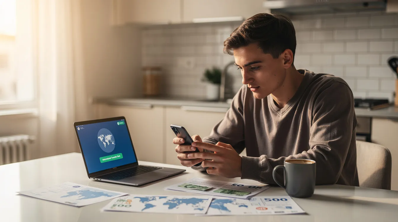 A person is seated at a kitchen table, focused on their smartphone as they initiate an international money transfer to send money to Pakistan. The scene emphasizes the convenience of using a mobile wallet for quick and easy transfers, highlighting the modern way to send money abroad with just a few taps.