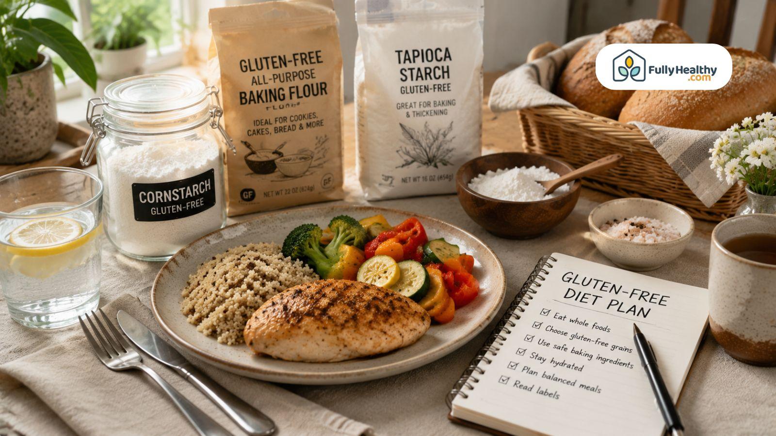 Gluten free meal with cornstarch baking ingredients and healthy diet planning notebook
