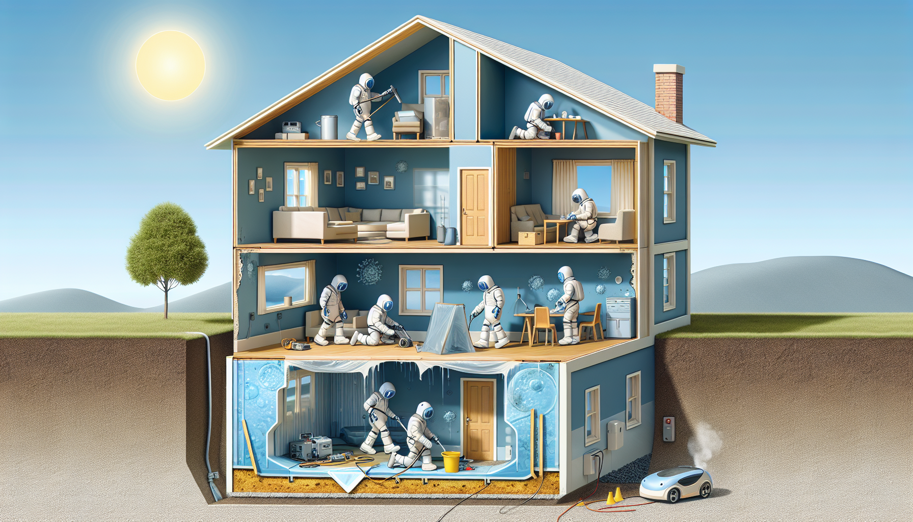 Illustration of mold growth and remediation process
