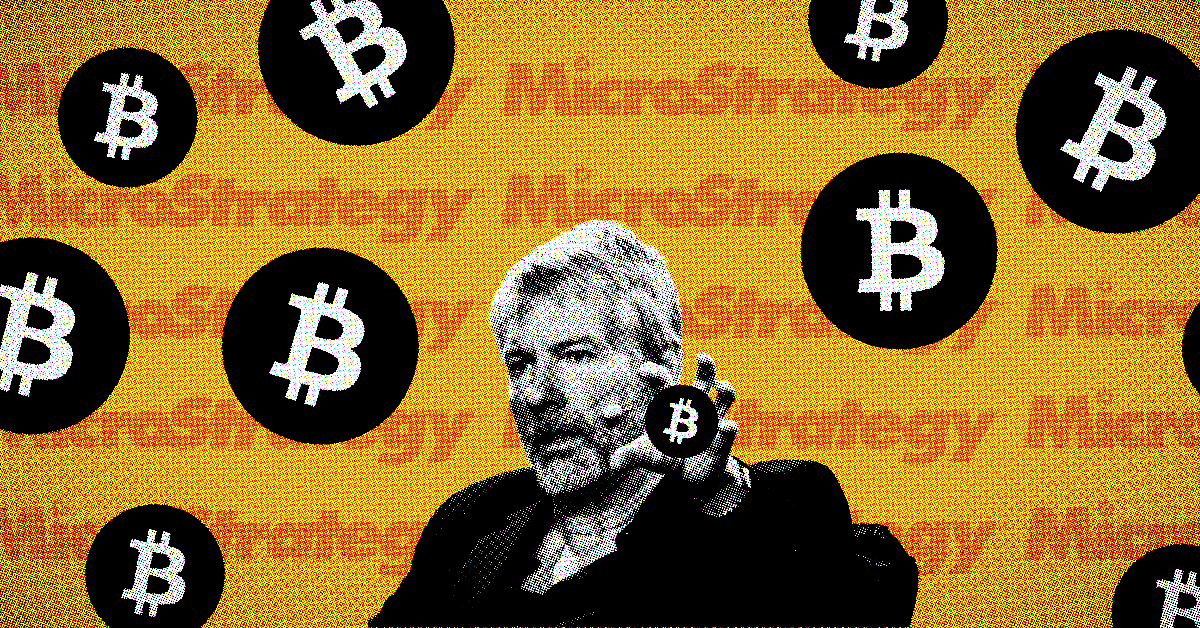 An image of Michael Saylor with the MicroStrategy logo and Bitcoin logos. 