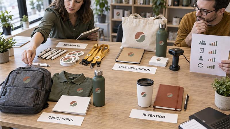 Marketing team comparing promotional materials for awareness, lead generation, onboarding, and customer retention campaigns