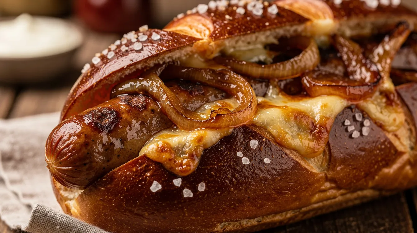 A close-up image showcases gourmet sausages nestled in soft pretzel buns, adorned with caramelized onions and a generous layer of melted cheese. This delicious presentation highlights the ultimate hot dog bar experience, perfect for gatherings and parties, featuring creative hot dog topping ideas.