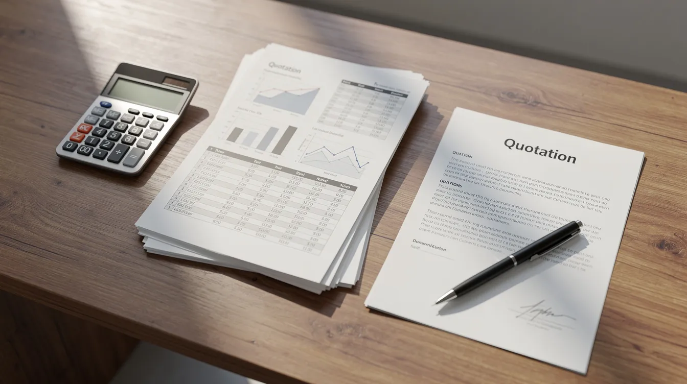 dc6d651f 17e8 4cf0 bbcc b15a0b3e288b The image depicts a wooden desk cluttered with a calculator, printed documents, and quotation papers, alongside a pen, suggesting a workspace focused on financial analysis and business planning. This setting could be associated with preparing a project report or evaluating loan options, such as a mudra loan or working capital loan for small business owners.