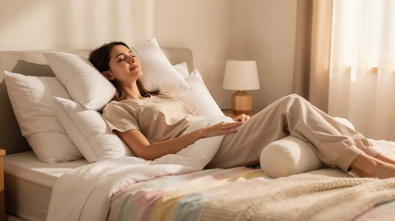 Una mujer está descansando cómodamente en una cama, rodeada de almohadas de apoyo, luciendo relajada y en un ambiente acogedor. La imagen sugiere un momento de bienestar, posiblemente después de un procedimiento como un aumento de senos, donde la comodidad es esencial para la recuperación.