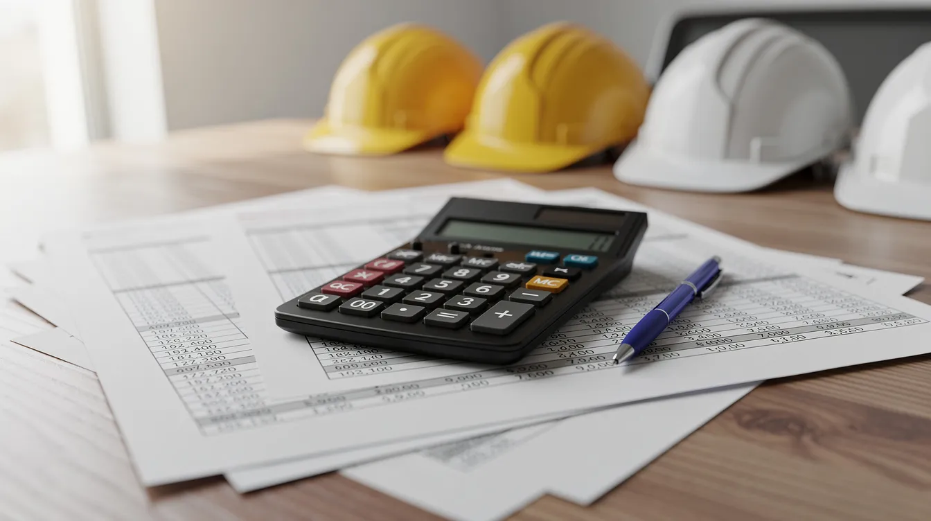 A close-up view of a calculator and detailed construction cost spreadsheets is displayed on a desk, with hard hats positioned in the background, highlighting the essential tools used in taxpayer-funded construction projects. This image emphasizes the financial planning and budgeting aspects crucial for managing construction contracts and public works projects.