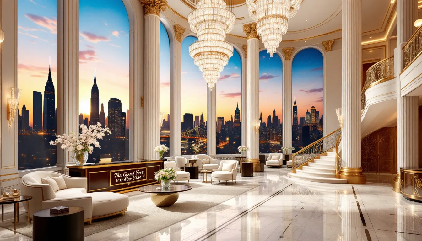 A luxurious hotel lobby representing the high-end accommodations available in New York City.