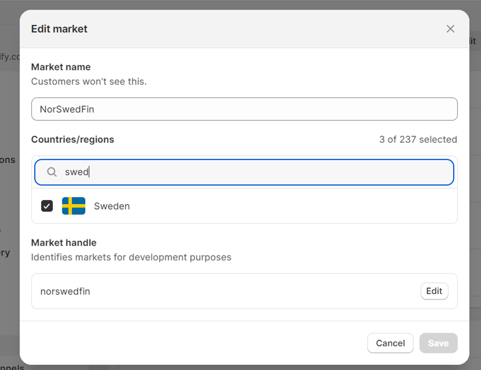 Shopify dashboard - Market settings - Overview - Adding new markets - Popup - Adding countries to a new market