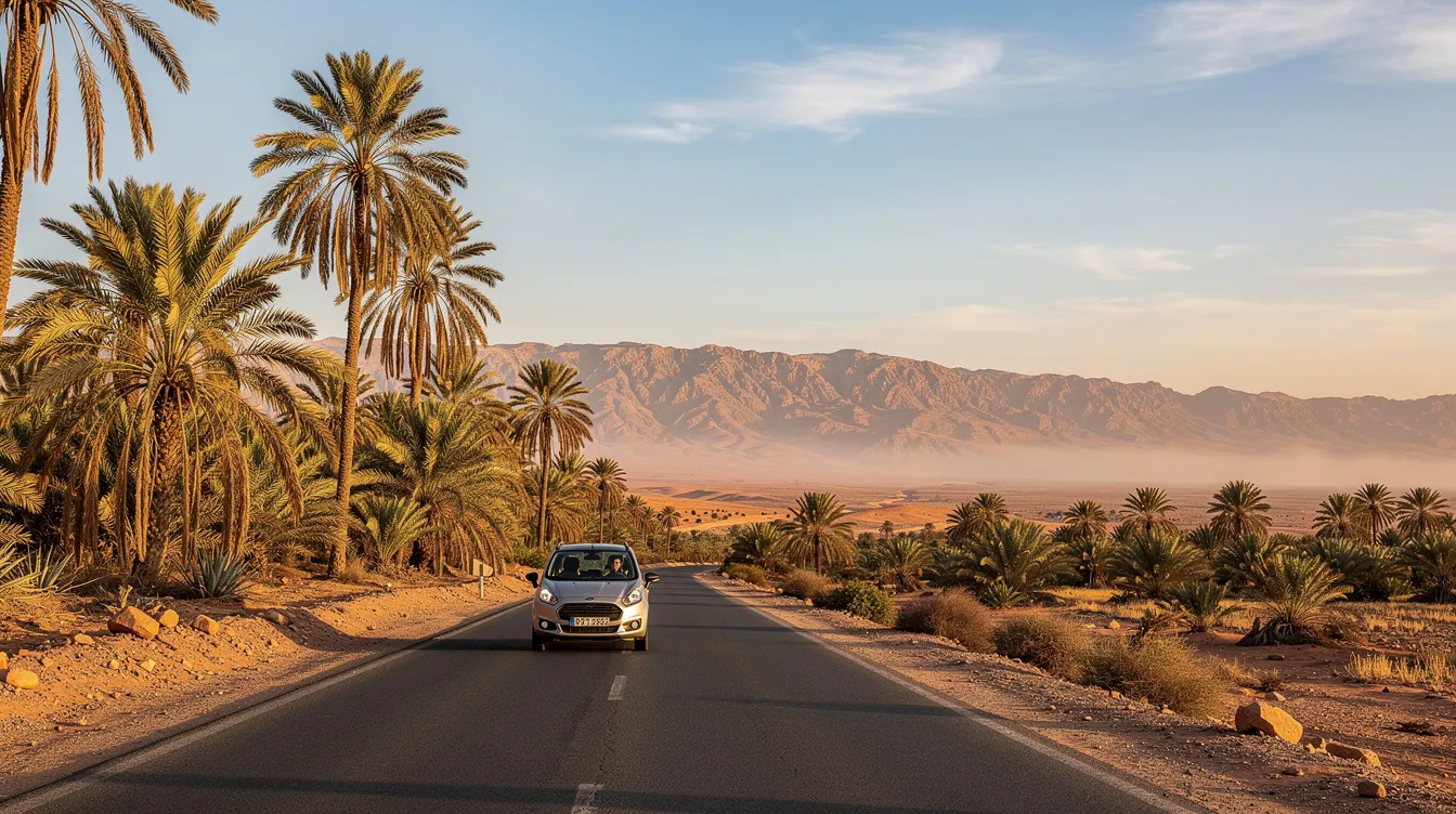 Auto compatta su una strada asfaltata tra palmeti e montagne del sud del Marocco.