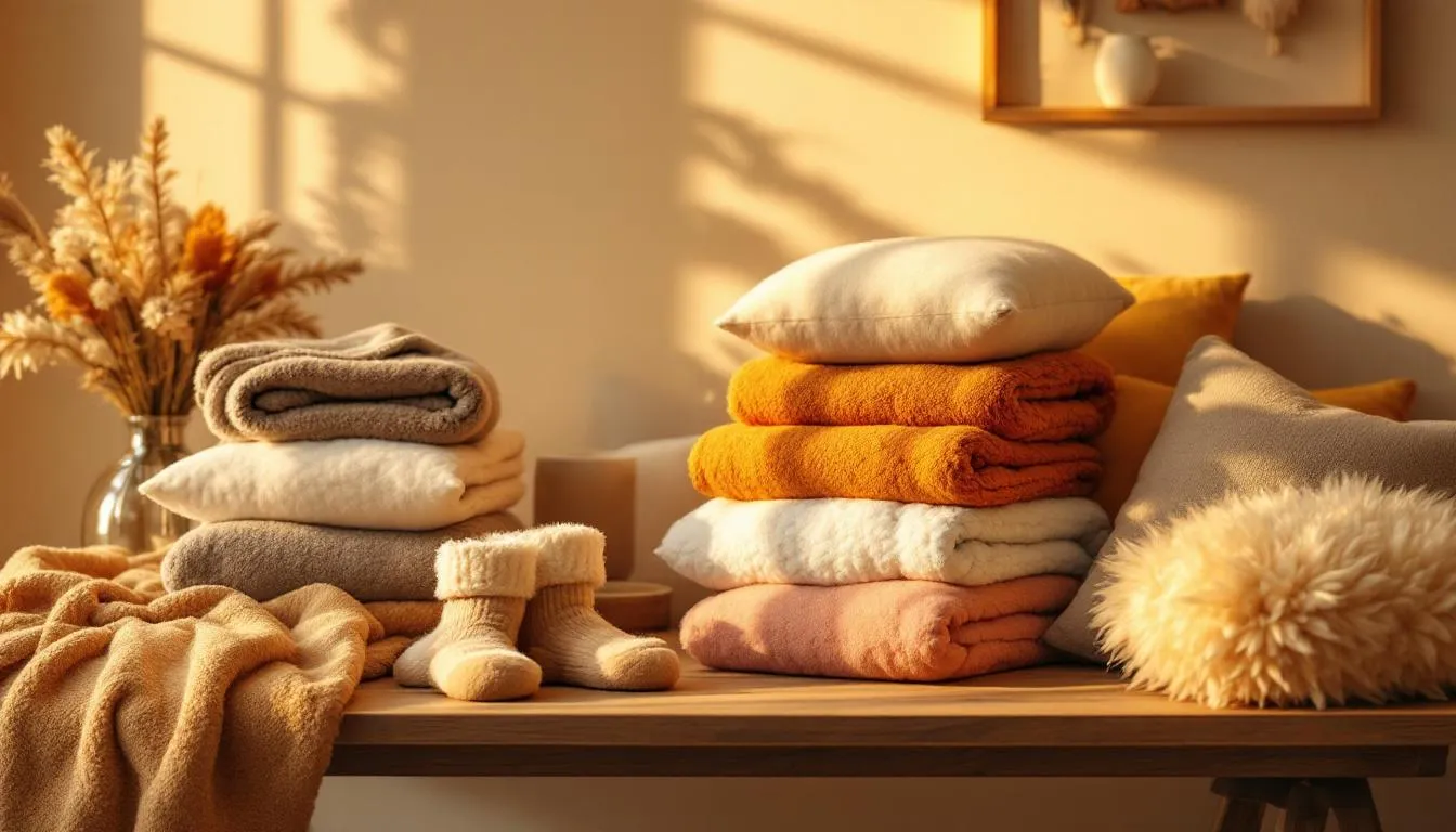 The image features a cozy arrangement of comfort items including soft blankets, fuzzy socks, and plush pillows, all illuminated by warm lighting, creating a soothing atmosphere perfect for a get well gift basket. This thoughtful collection aims to brighten someone's day and provide comfort during difficult times.