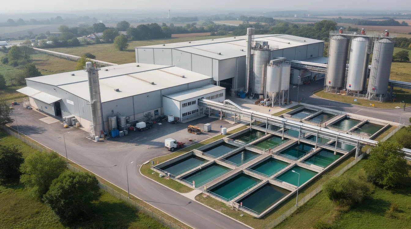 An aerial view of a medium-scale industrial processing plant showcases multiple buildings, storage silos, and a water treatment facility, highlighting the complex infrastructure involved in the starch processing industry. This facility likely engages in the extraction and purification of raw materials such as pea starch and bean starch, essential for various food products and the pharmaceutical industry.