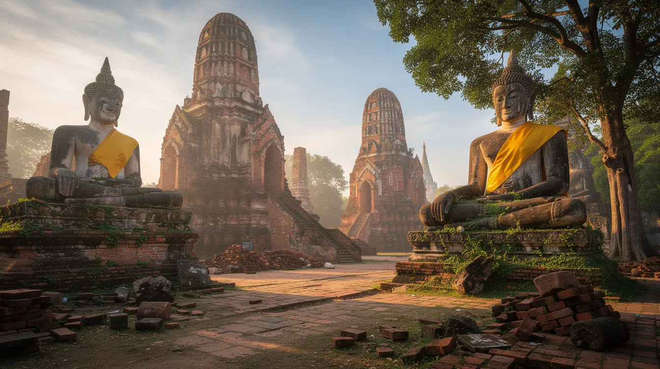 A imagem retrata os templos budistas de Ayutthaya, na Tailândia, com suas impressionantes estruturas históricas e vegetação ao redor. Este destino turístico é conhecido por sua rica cultura e história, atraindo visitantes que buscam explorar os pontos turísticos da cidade e experimentar a comida de rua local.