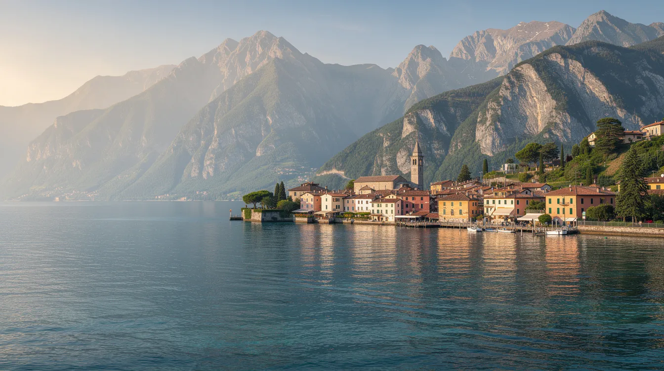 Eine panoramische Aussicht auf den Gardasee, umgeben von majestätischen Bergen und einer kleinen Stadt am Ufer. Das klare, blaue Wasser spiegelt die Schönheit der Landschaft wider und lädt zu einem Urlaub am Gardasee ein.