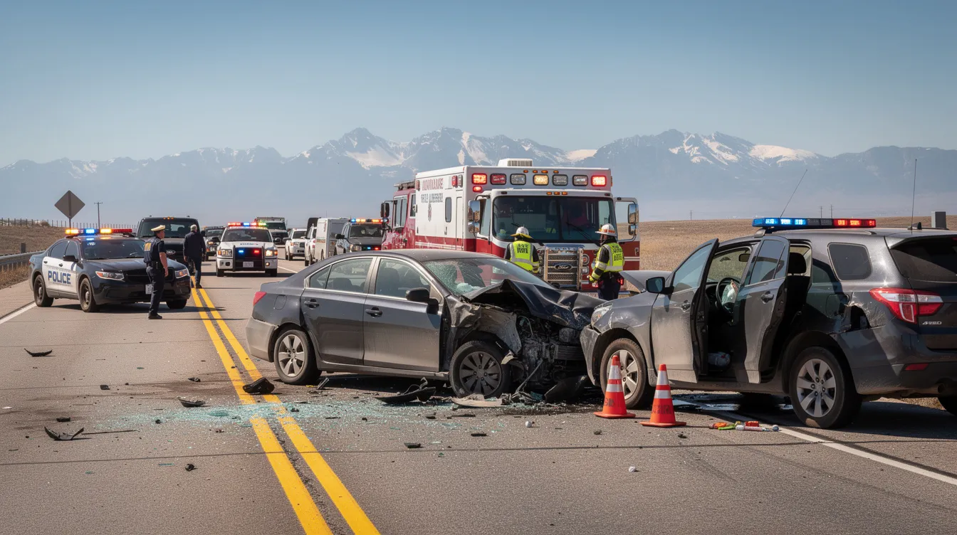 The image depicts a Colorado highway crash scene featuring multiple emergency vehicles responding to a car accident, with damaged rental cars and personal vehicles scattered across the road. The scene illustrates the aftermath of a collision, highlighting the need for insurance coverage and the importance of exchanging information between drivers involved in the rental car accident.