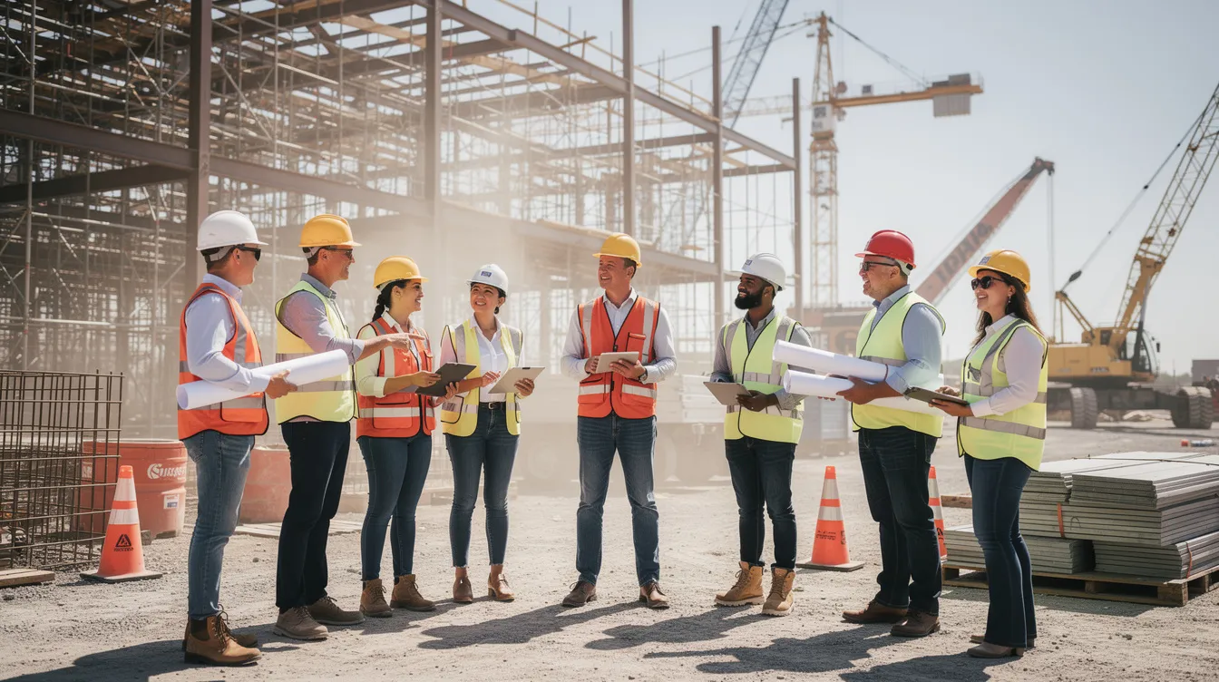 A diverse group of construction professionals wearing hard hats is gathered outdoors at a job site, engaged in a team meeting. This scene highlights the importance of collaboration in the construction industry, emphasizing workforce development and the merit shop philosophy that promotes skilled workers and competitive pricing.