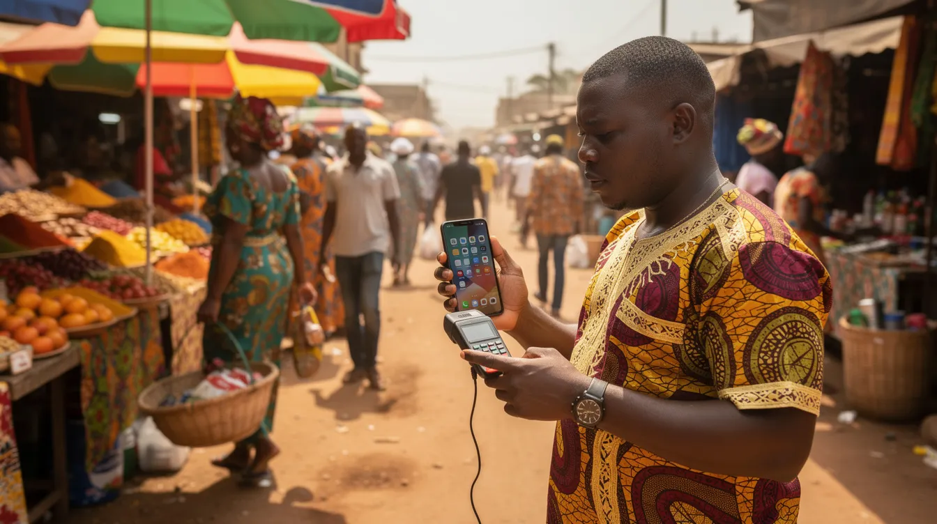 In a bustling Nigerian market, a person is engaged in mobile payment using their smartphone, showcasing the rise of digital financial services in everyday banking. The scene reflects the growing trend of financial inclusion and the use of banking apps for convenient transactions, such as paying bills and managing personal finances.