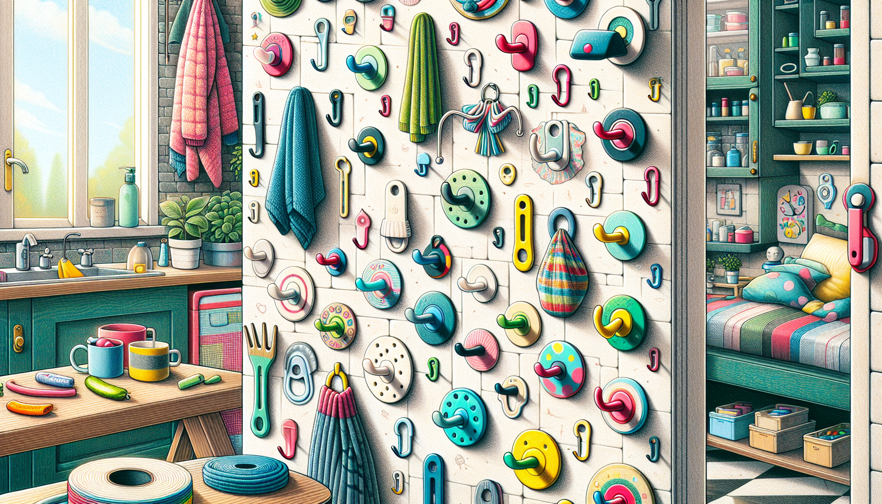 An illustration showing various adhesive hooks on different surfaces.