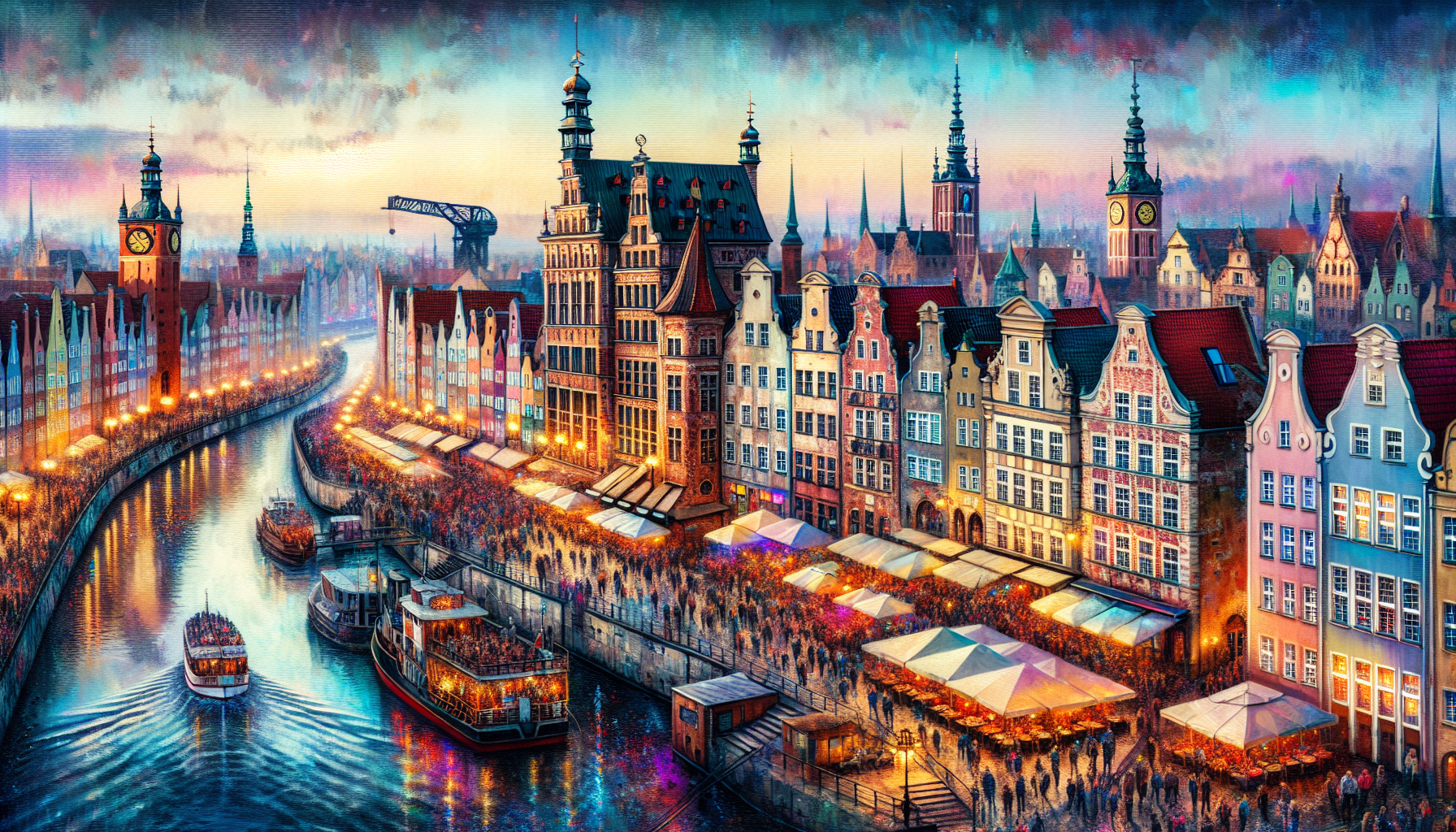A vibrant illustration of Gdansk showcasing its beautiful architecture and lively atmosphere, perfect for stag weekends.