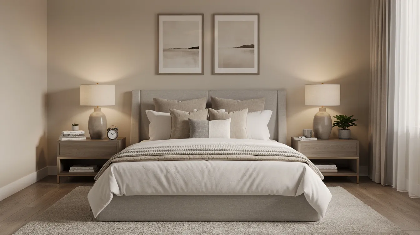 The image depicts a professionally staged master bedroom featuring layered bedding, carefully arranged nightstand accessories, and soft ambient lighting, creating a warm and inviting atmosphere ideal for potential buyers. This expertly designed space highlights the importance of home staging in real estate, showcasing how professional stagers can enhance a property's appeal for faster sales and higher offers.