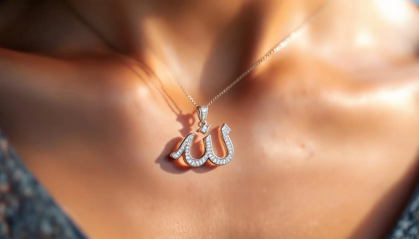 The image features an elegant All-Clear Cubic Zirconia Bismillah Necklace. An islamic necklace that is beautifully crafted with a shimmering pendant that reflects light, symbolizing faith and devotion. It is presented in a stylish gift box, making it a perfect gift for special occasions, cherished by women and loved ones alike.