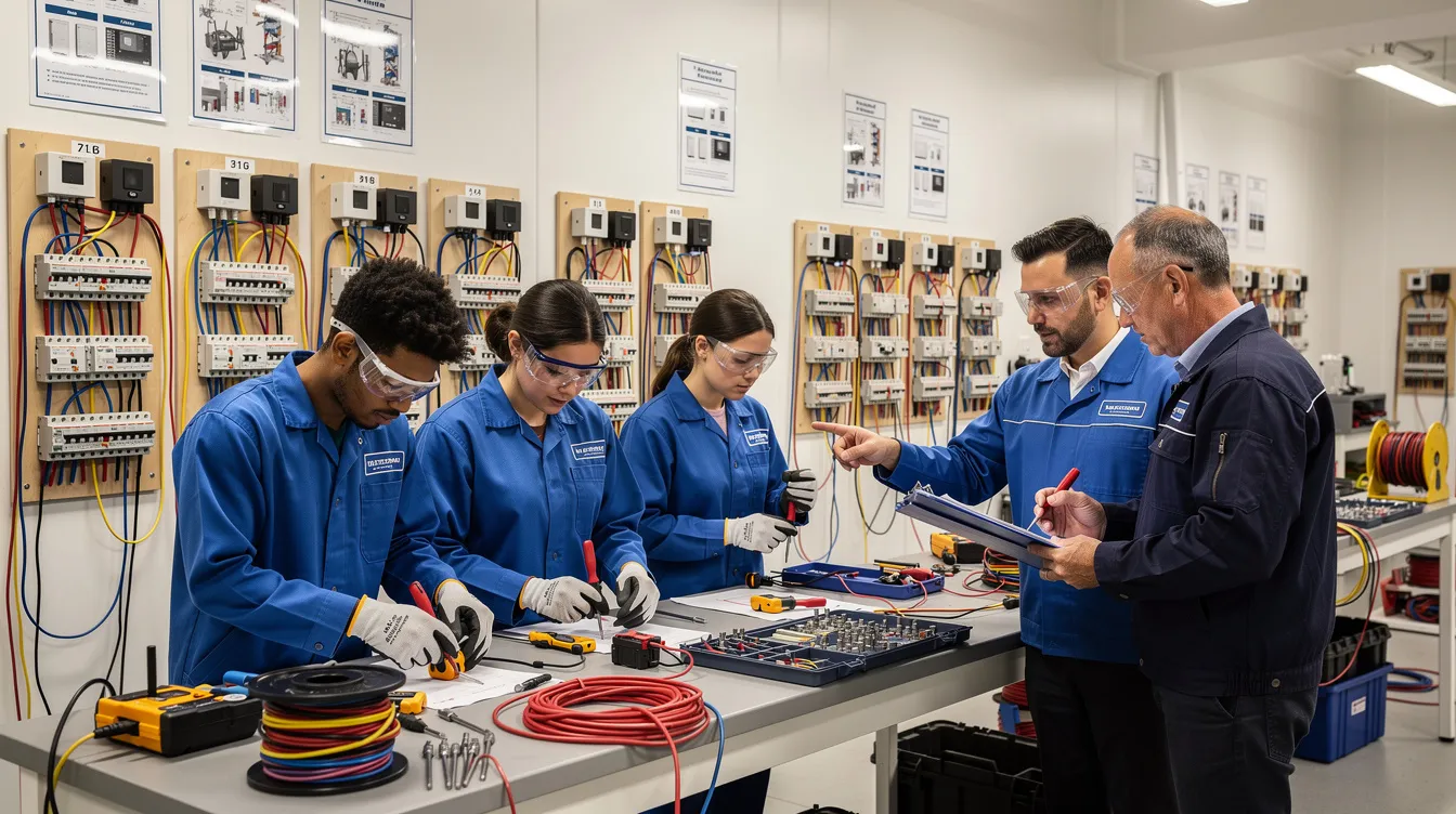 A group of apprentices is practicing electrical wiring in a training center, guided by an instructor, emphasizing on-the-job training and specialized tasks essential for the construction industry. The scene highlights the importance of skilled tradespeople in ensuring project progress and workforce efficiency in construction projects.
