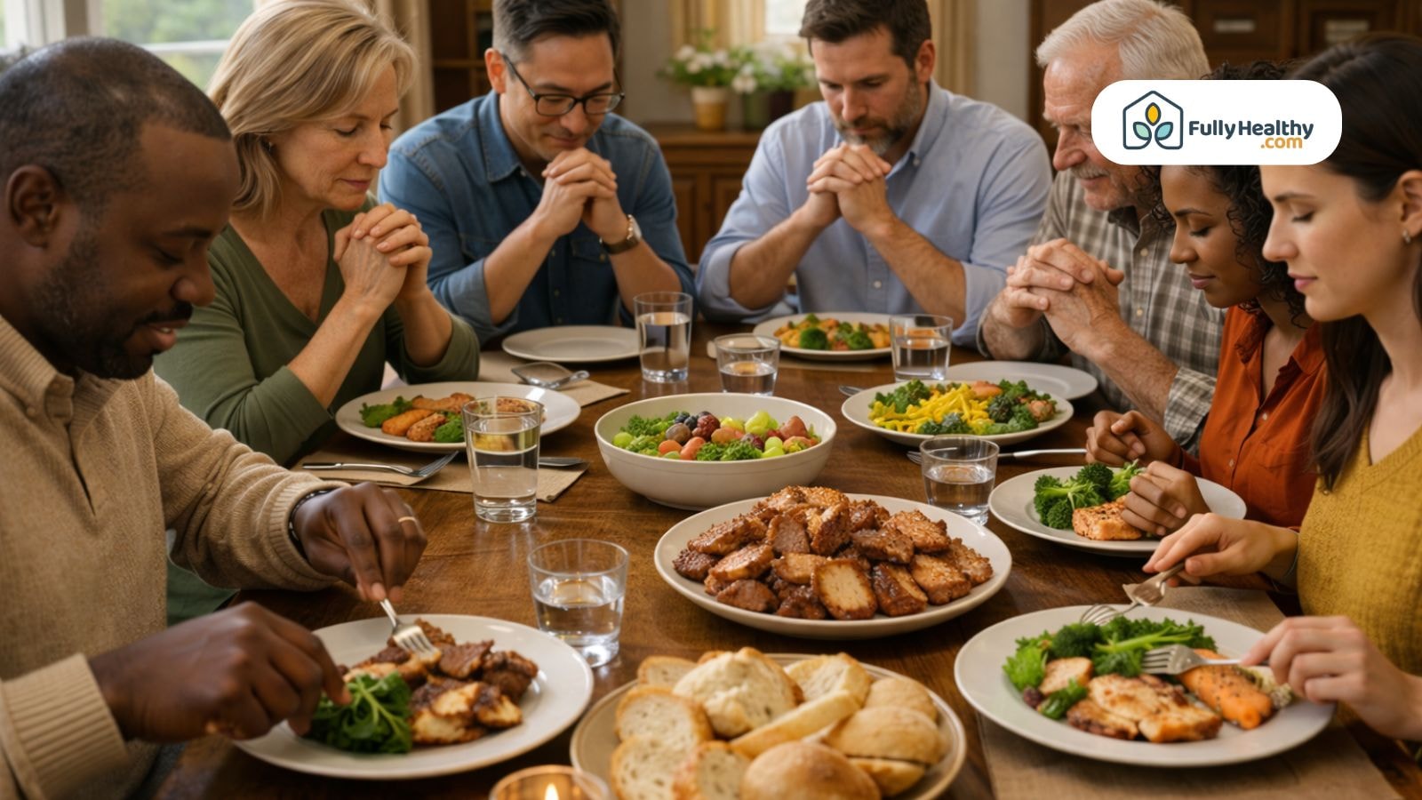 Diverse friends praying for dinner with salad and meat around a table
