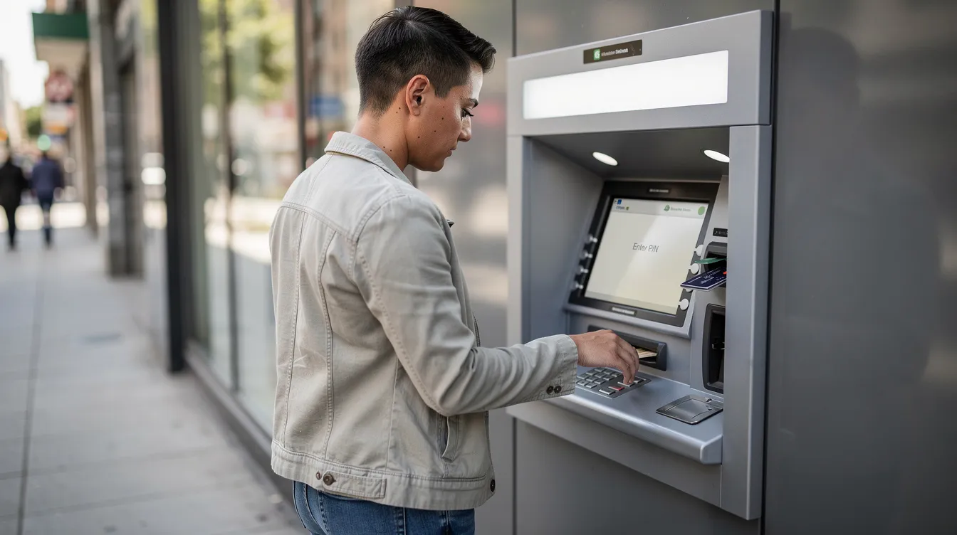 The image depicts a person using an ATM while discreetly covering the keypad with one hand to ensure privacy during the pin verification process. This action highlights the importance of atm security measures in protecting personal identification and preventing unauthorized access during financial transactions.