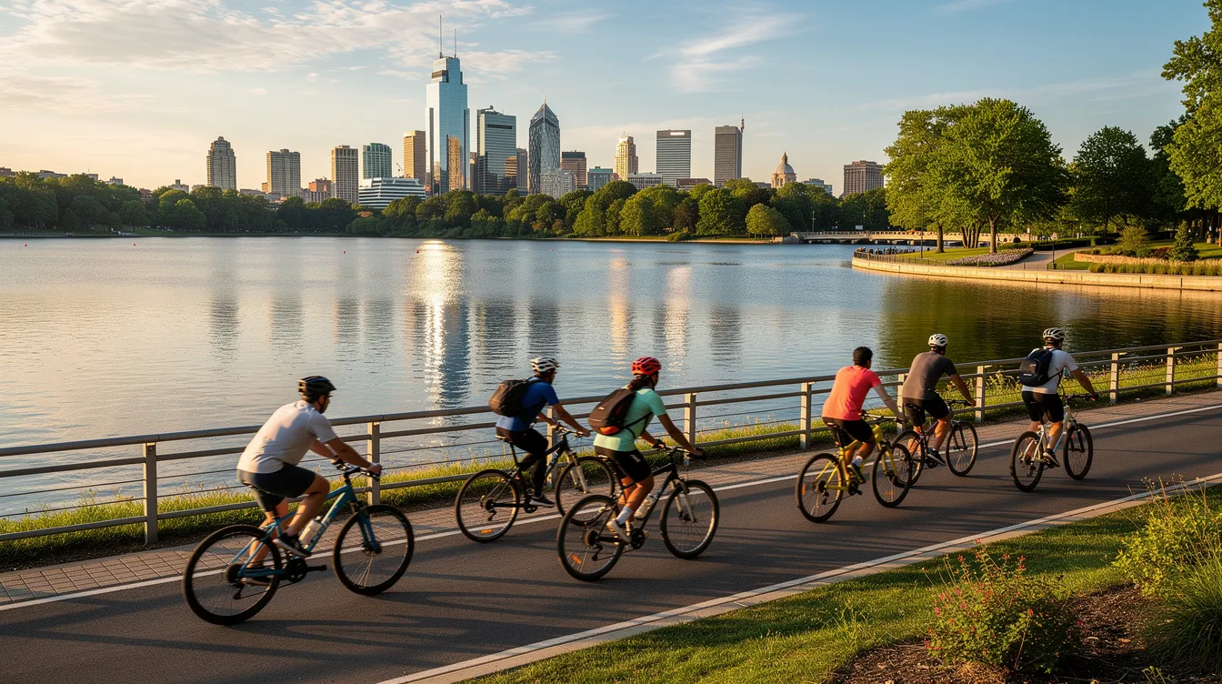 A vibrant scene of people cycling along a waterfront trail, with a large lake and the Toronto city skyline in the background, showcasing the beauty of Lake Ontario and the active lifestyle enjoyed by residents near Mirabella condos. The image captures the essence of summer sunsets and outdoor activities, perfect for those looking to rent in a lively urban environment.