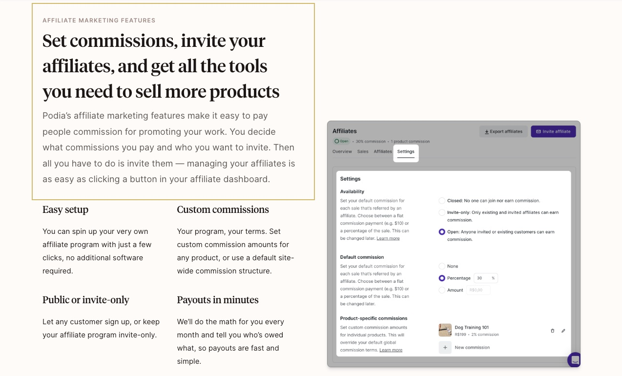 Podia affiliate marketing features