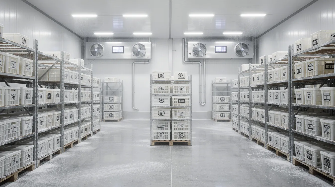 dc8d3e78 51c9 44e0 af7c e495ed0a5d31 The image depicts a large cold storage room filled with stacked dairy containers, essential for ice cream manufacturing, alongside visible refrigeration units that ensure optimal temperature control. This facility is integral to maintaining the quality and safety of ice cream products during storage and distribution.