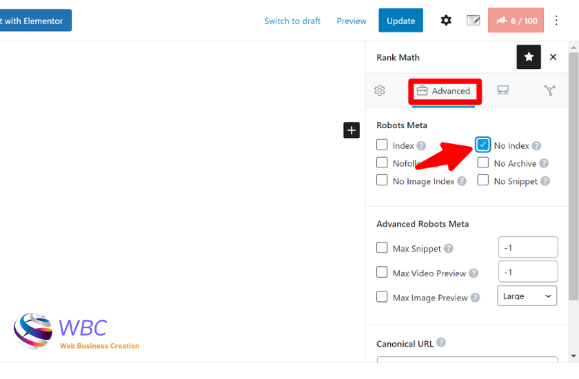 Click Advanced options tab and select No Index button. in a post about how to hide a page in wordpress