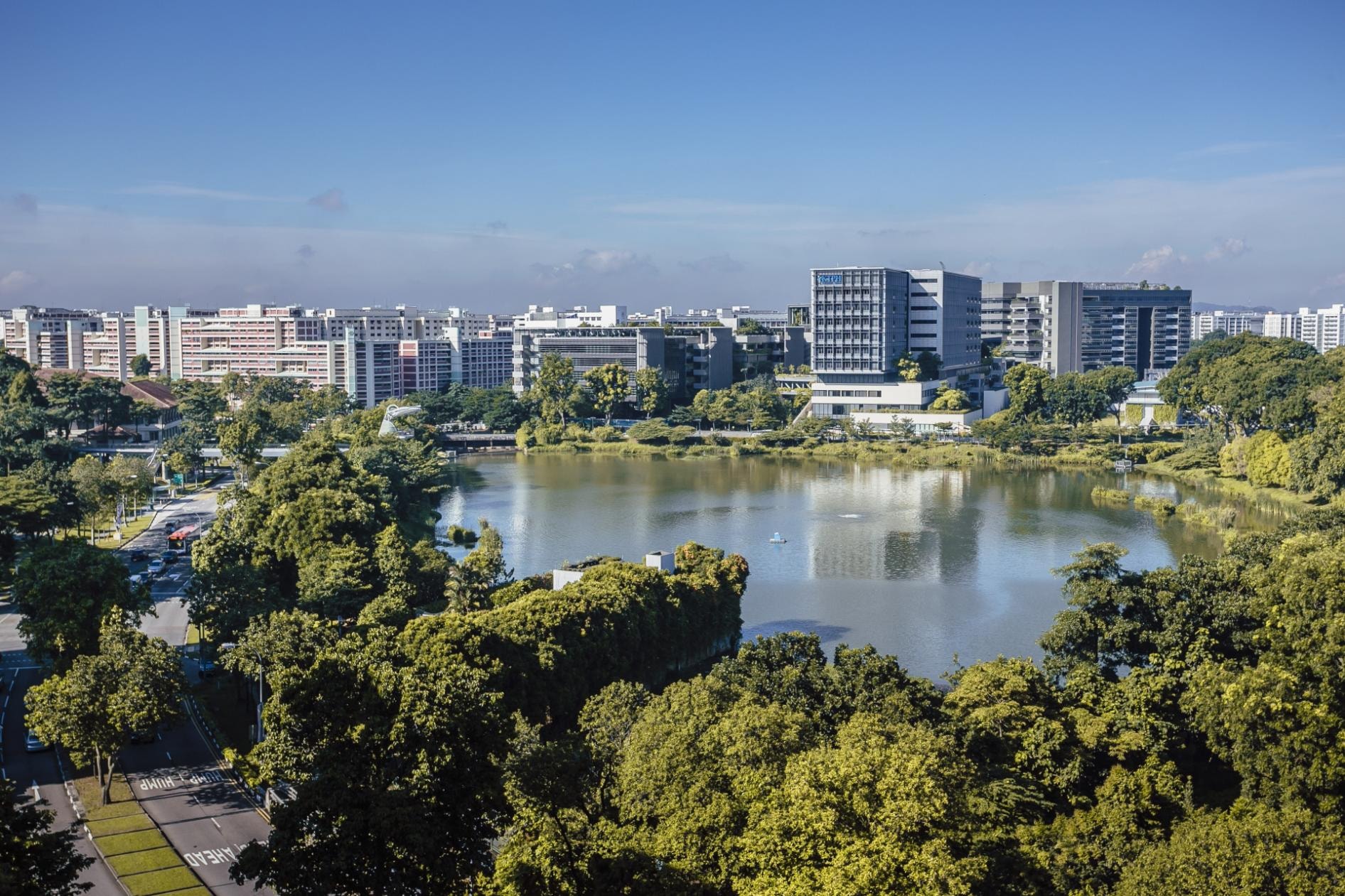  This wide-angle shot overlooks a tranquil pond surrounded by lush green trees and a mix of modern residential and commercial buildings. A clear blue sky hangs over the cityscape, while a quiet road with minimal traffic winds along the left side of the park area.