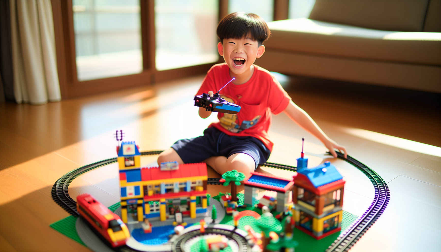 A child playing with a remote-controlled LEGO train