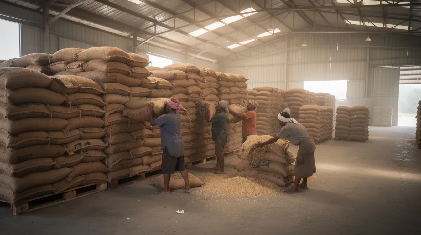 In a large warehouse facility, workers are seen stacking jute bags filled with paddy grain, which is a crucial step in the rice mill process. This scene highlights the importance of paddy procurement and efficient storage in the rice mill business, contributing to overall production capacity and operational costs.
