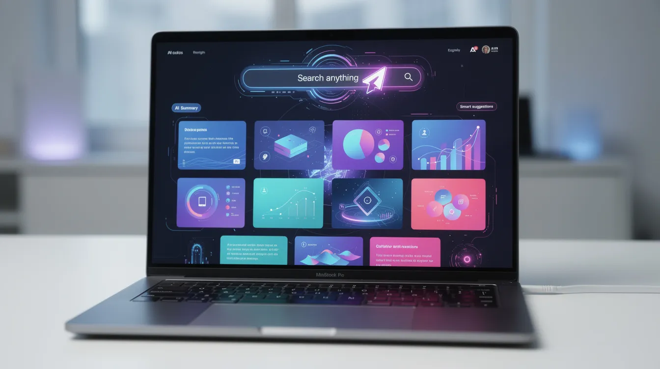 The image depicts a laptop displaying a futuristic AI-powered search interface, showcasing colorful search results that highlight various digital marketing strategies and SEO services. This innovative search engine design emphasizes the importance of search rankings and online visibility for Gainesville businesses.