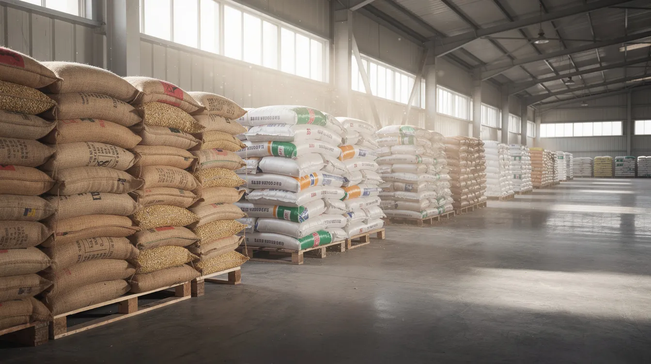 dc918196 9e6d 4d25 a378 d863a1814919 The image shows a large warehouse filled with neatly stacked jute and polypropylene bags containing cleaned pulses, illuminated by natural light. This setting highlights the efficient pulse processing and quality control systems in place at the pulses processing plant, emphasizing the consistent production quality and operational efficiency of the facility.
