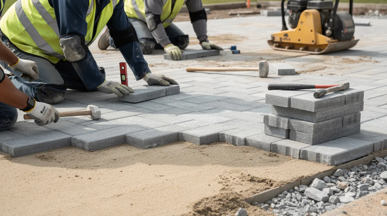 A team of workers is installing rectangular stone pavers onto a sand bed, with compacted gravel visible at the edges and a plate compactor in the background, showcasing the meticulous process of creating a durable patio surface. The pavers are likely made of various materials, such as concrete or flagstone, designed to enhance the outdoor space.
