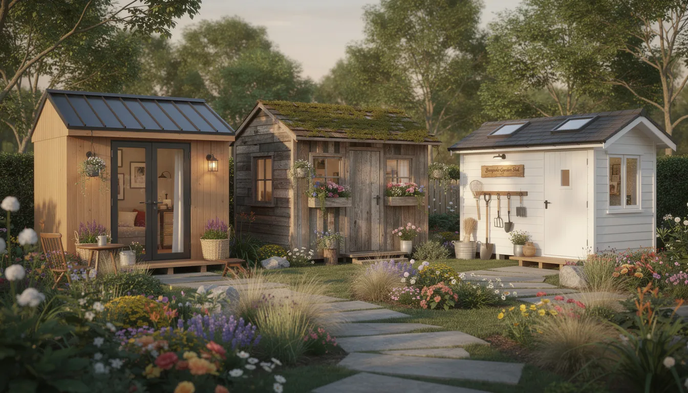 The image depicts a beautifully crafted bespoke garden shed with an apex roof, showcasing high-quality timber construction and a fully framed door. This premium garden building is designed to enhance outdoor spaces, providing a secure and stylish storage solution for gardening tools and hobbies.
